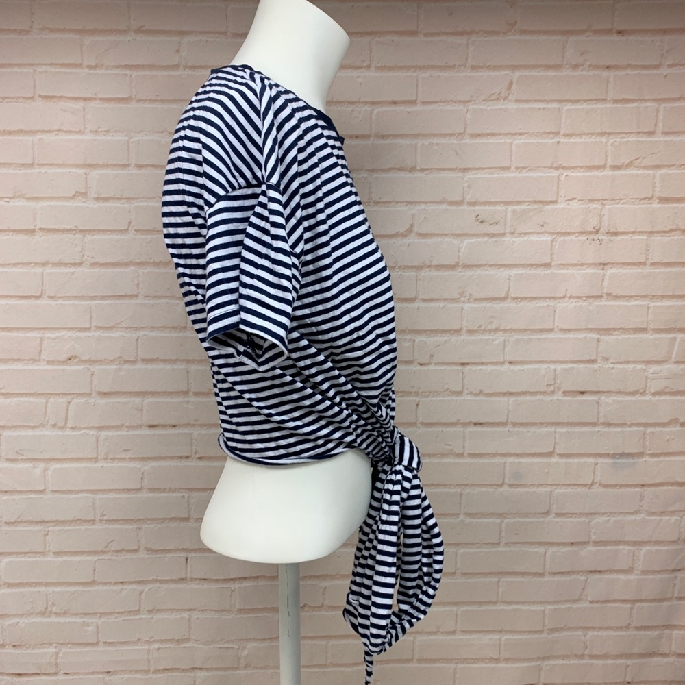 ZARA Navy White Striped T-Shirt Crop Tie Waist 👑 - Picture 5 of 8